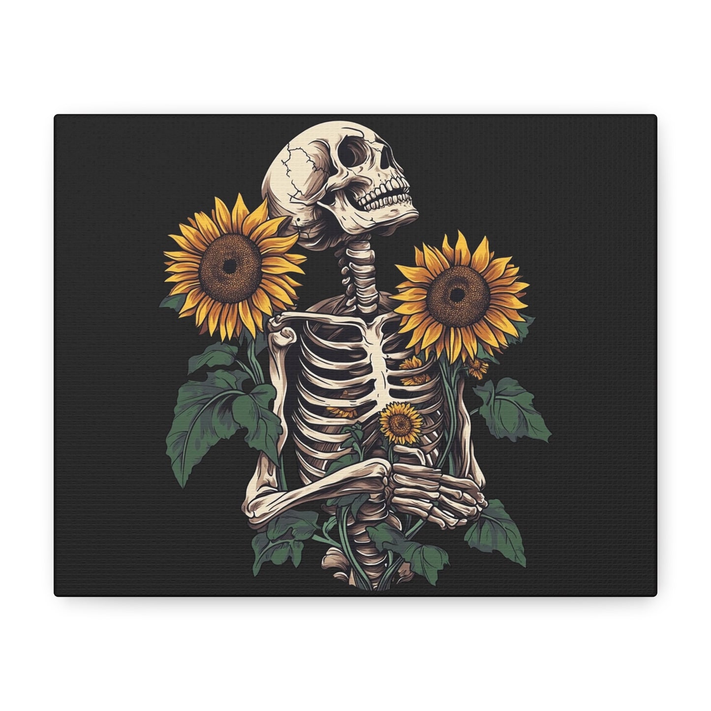 Skeleton with Sunflowers Canvas Wall Art — Gothic Floral Home Decor