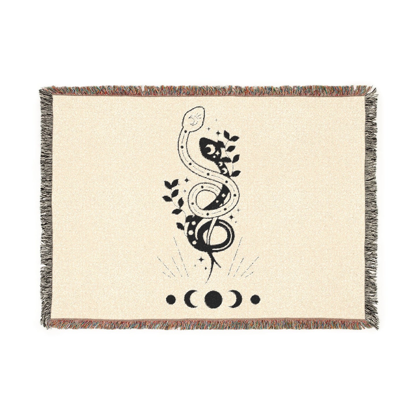 Woven Blanket — Celestial Snake Tapestry Throw (Moon Phase, Botanical Motif)