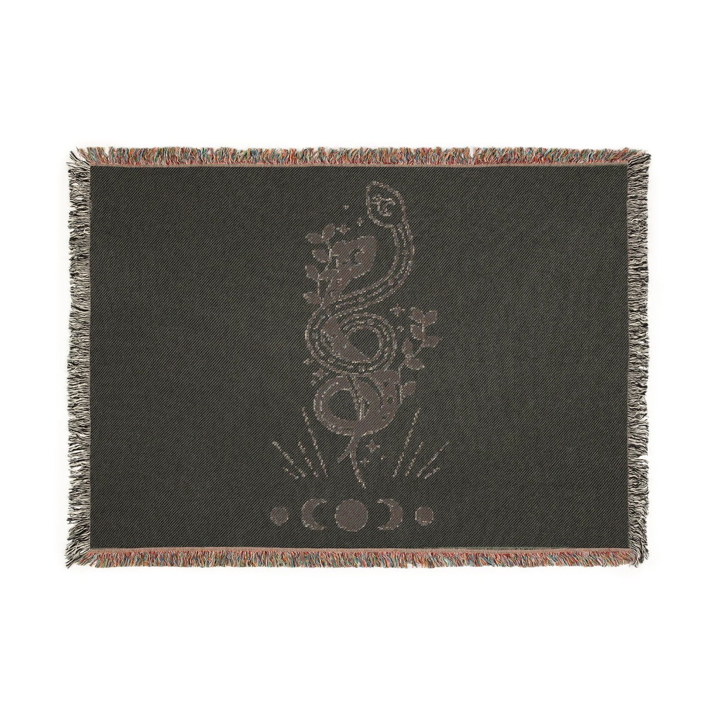 Woven Blanket — Celestial Snake Tapestry Throw (Moon Phase, Botanical Motif)