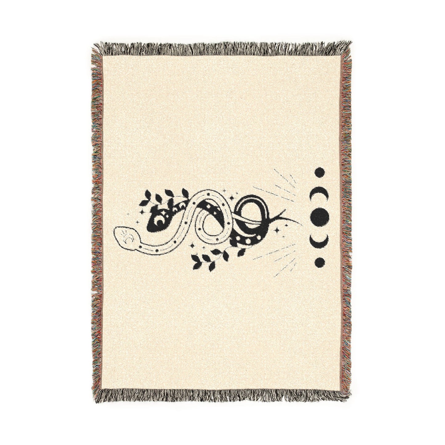 Woven Blanket — Celestial Snake Tapestry Throw (Moon Phase, Botanical Motif)
