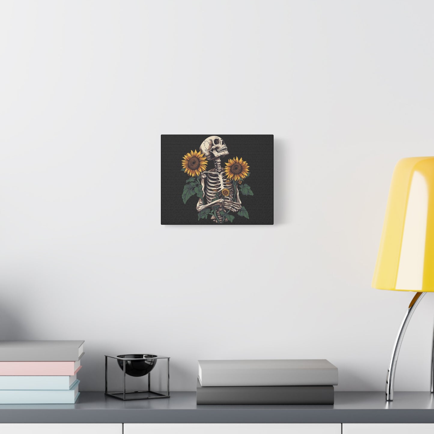 Skeleton with Sunflowers Canvas Wall Art — Gothic Floral Home Decor