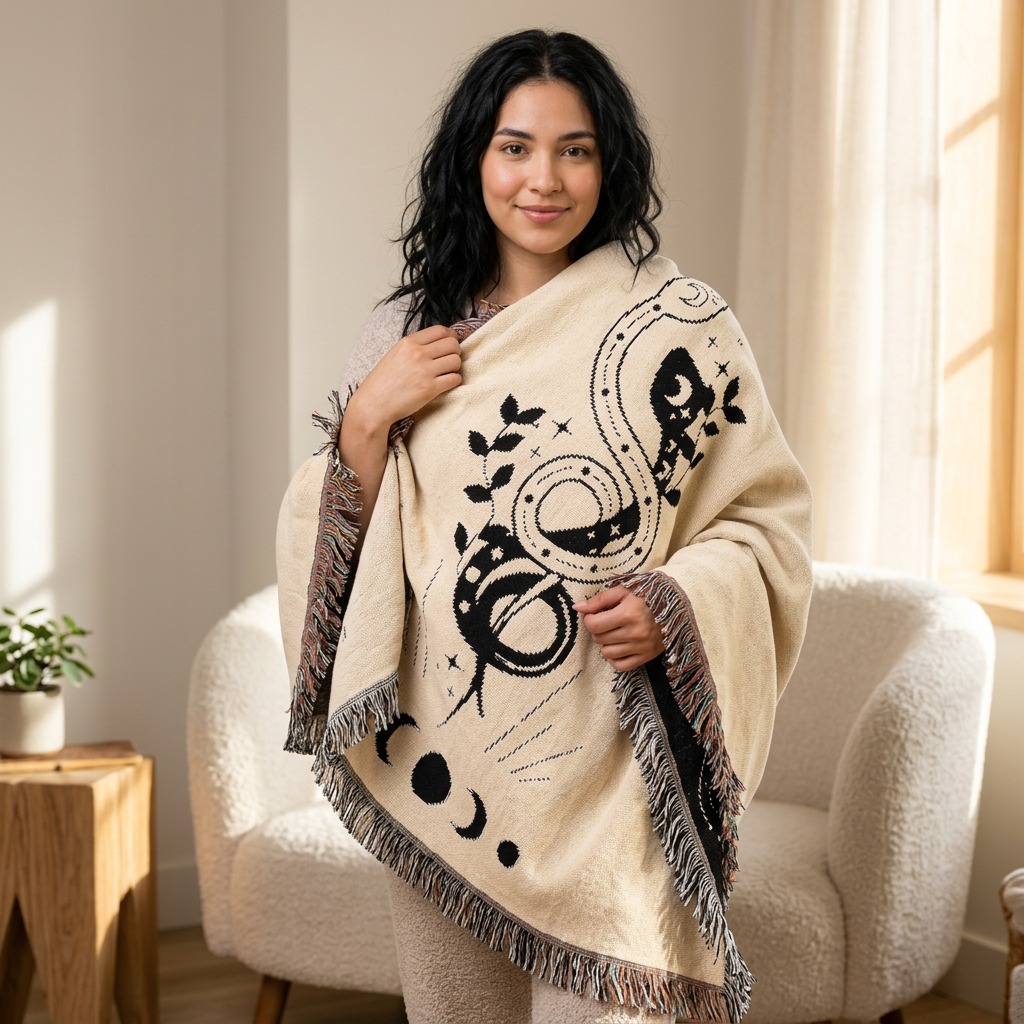 Woven Blanket — Celestial Snake Tapestry Throw (Moon Phase, Botanical Motif)