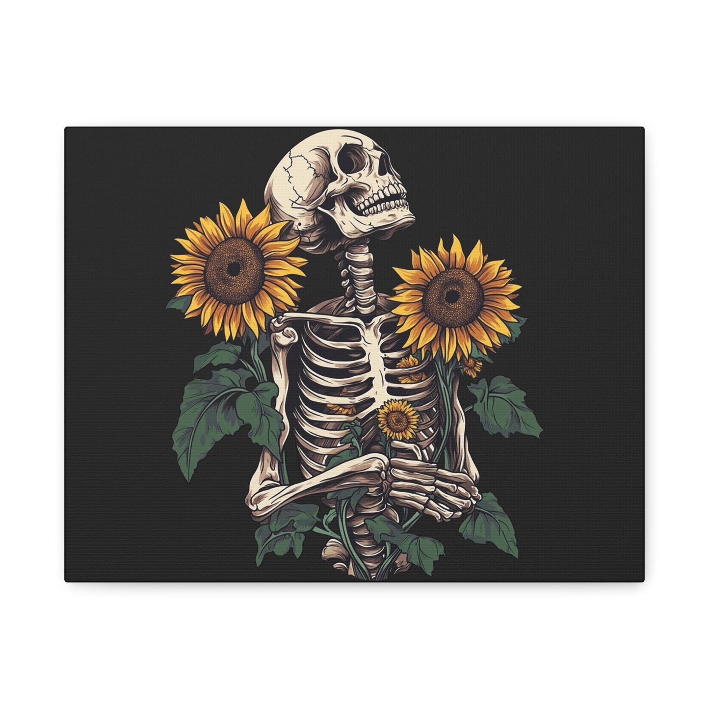 Skeleton with Sunflowers Canvas Wall Art — Gothic Floral Home Decor