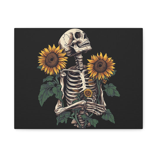 Skeleton with Sunflowers Canvas Wall Art — Gothic Floral Home Decor