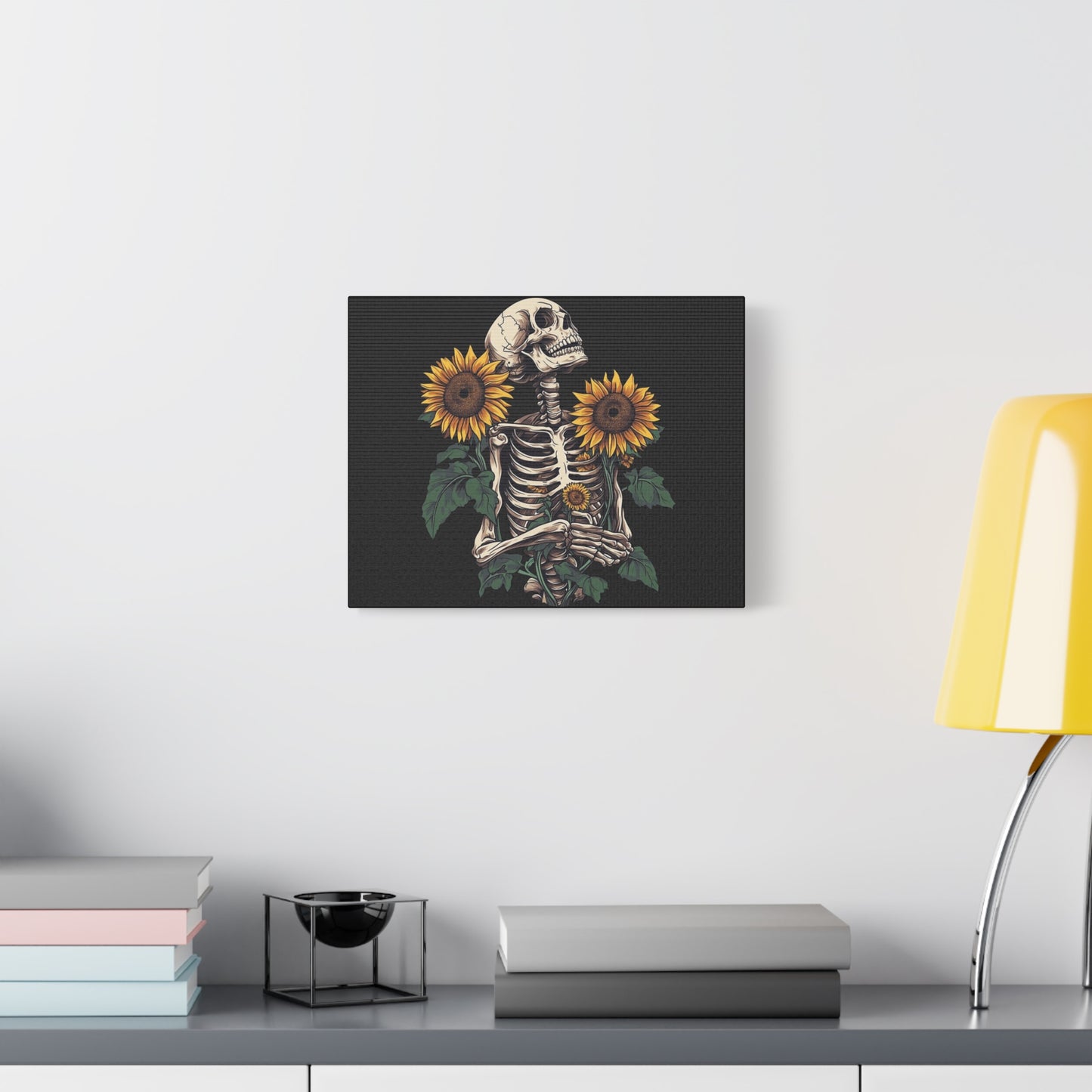 Skeleton with Sunflowers Canvas Wall Art — Gothic Floral Home Decor